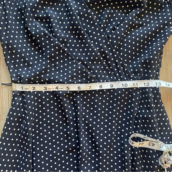 DKNY Navy Blue Polka Dot Collared Fit & Flare Long Sleeve Midi Dress Sz 6 - Picture 9 of 10